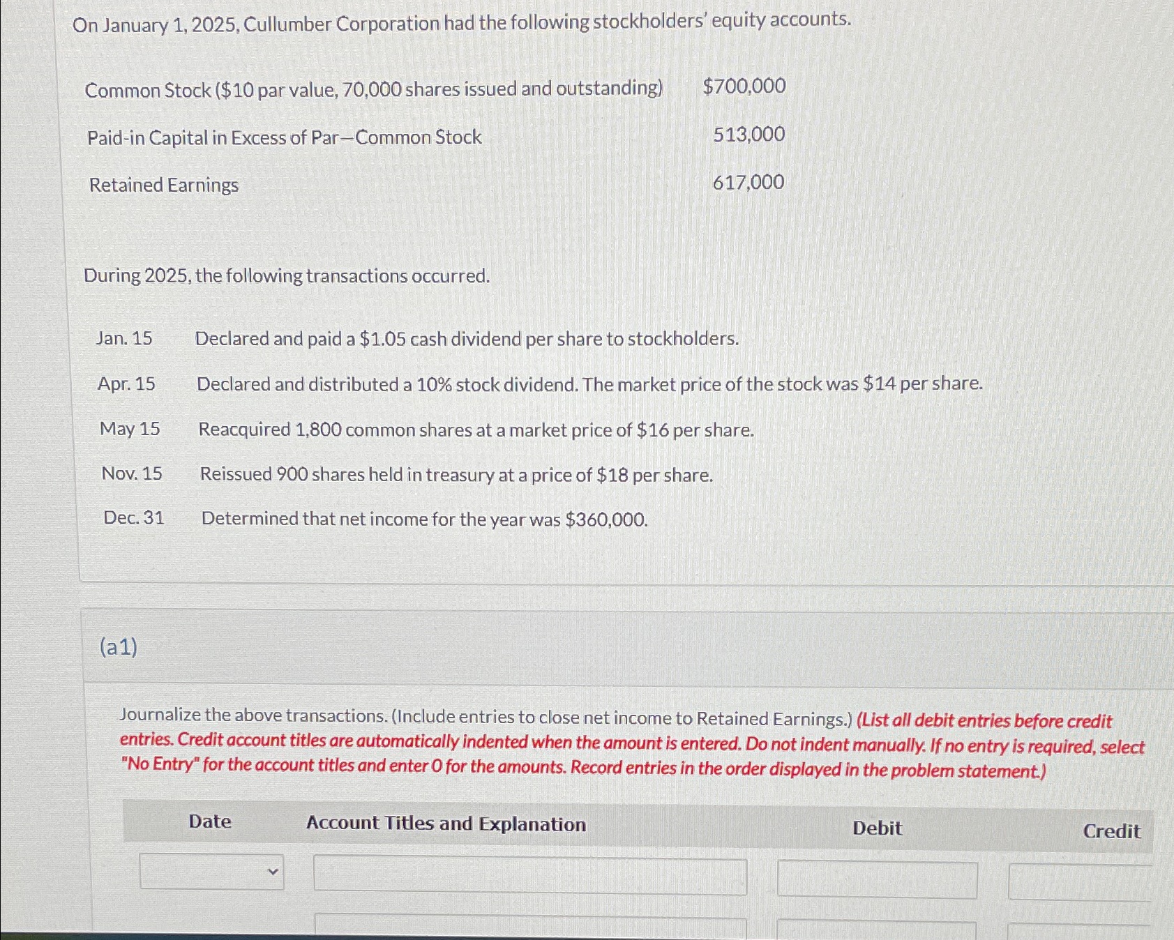  On January 1,2025, Cullumber Corporation had the following stockholders' equity accounts.