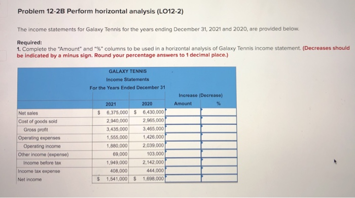 Problem 12-2B Perform horizontal analysis (L012-2) The income statements for Galaxy