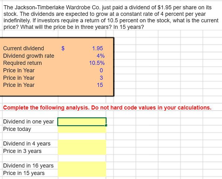  Solve using excel. The Jackson-Timberlake Wardrobe Co. just paid a dividend