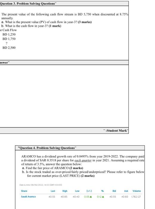  Question 3. Problem Solving Questions The present value of the following