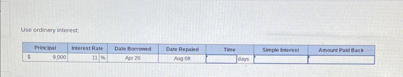  Use ordinary interest: \table[[Principal,Interest Rate,Date Borrowed,Date Repaied,Time,Simple Interest,Amount Paid Back],[$3,000,11,Apr 20,Aug