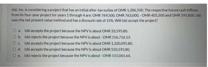  Izki, Inc. is considering a project that has an initial after-tax