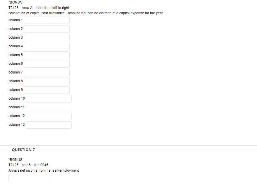 *BONUS T2125 - Area A - table from left to right