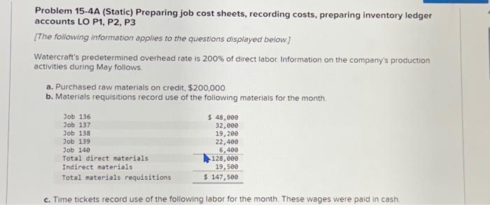  Problem 15-4A (Static) Preparing job cost sheets, recording costs, preparing inventory