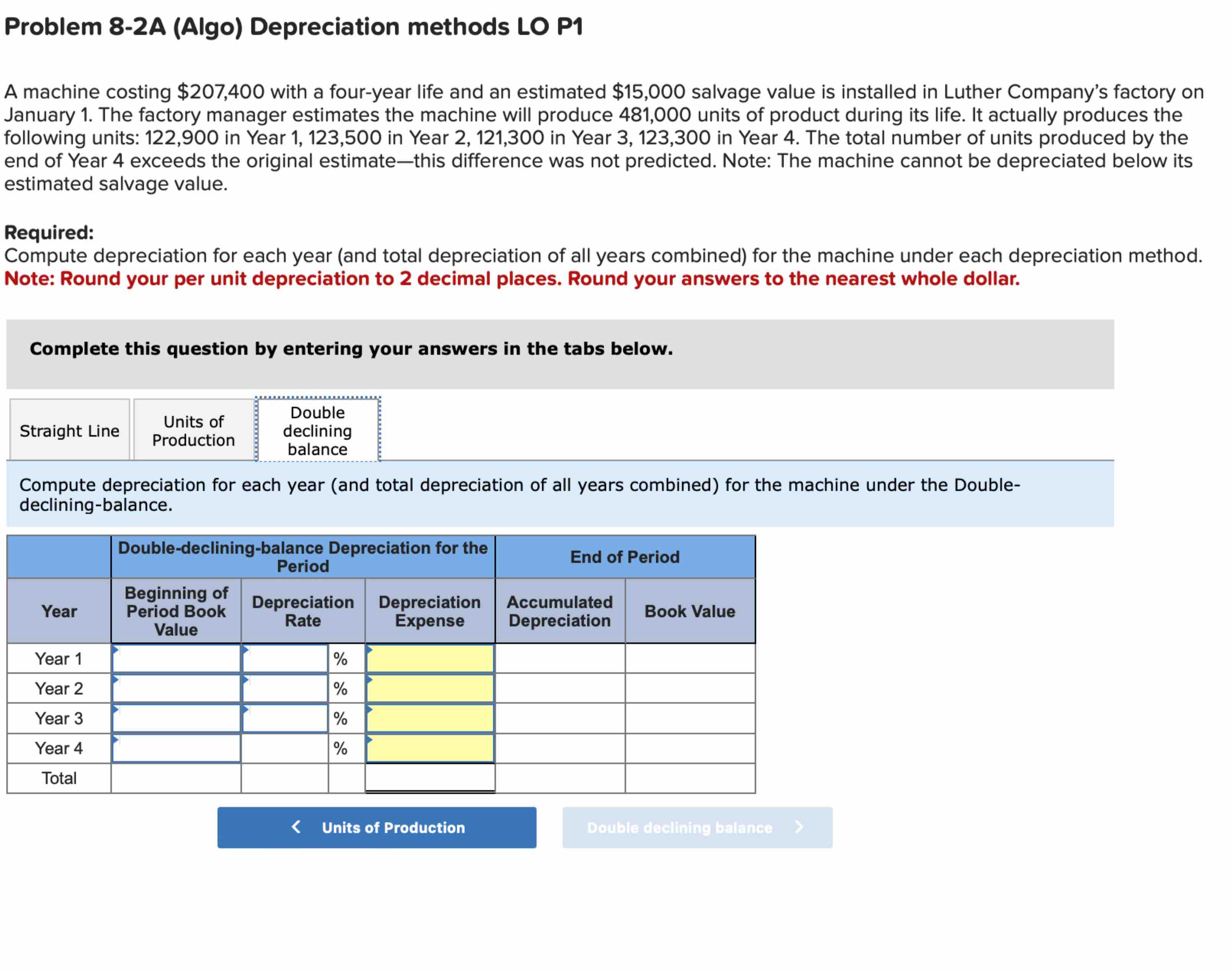 Problem 8-2A (Algo) Depreciation methods LO P1 A machine costing $207,400