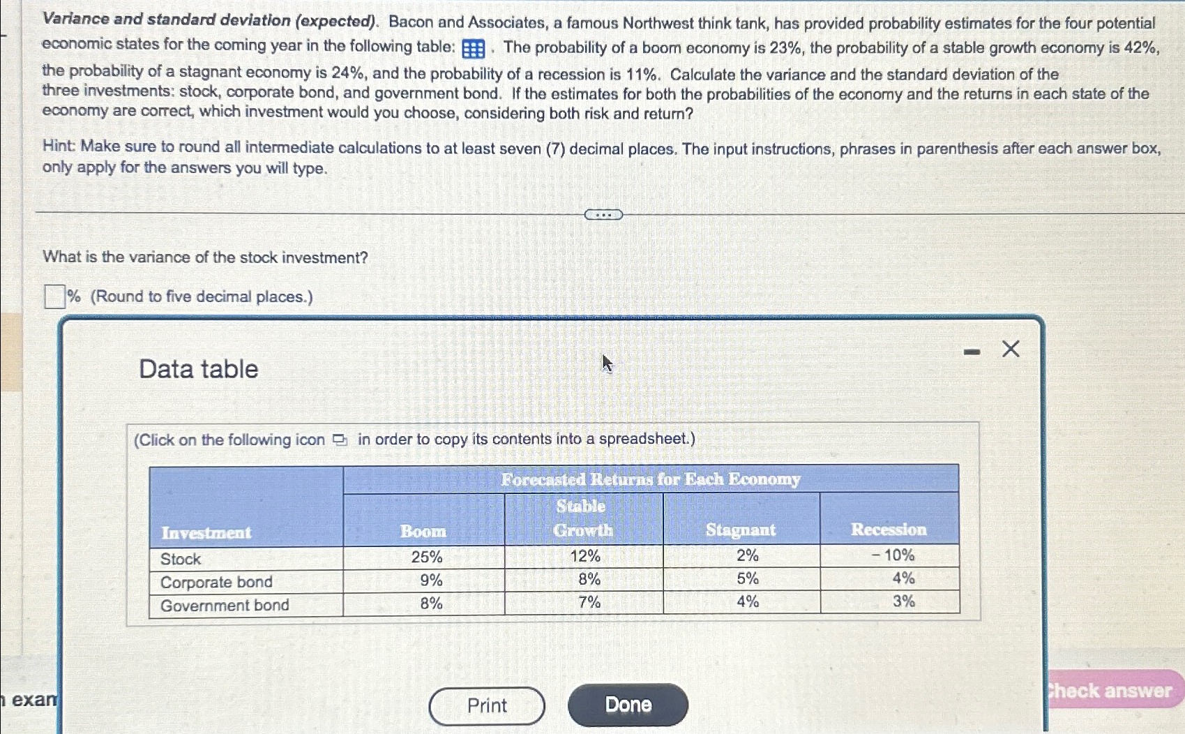  Variance and standard deviation (expected). Bacon and Associates, a famous Northwest