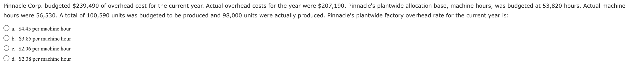  Pinnacle Corp. budgeted $239,490 of overhead cost for the current year.