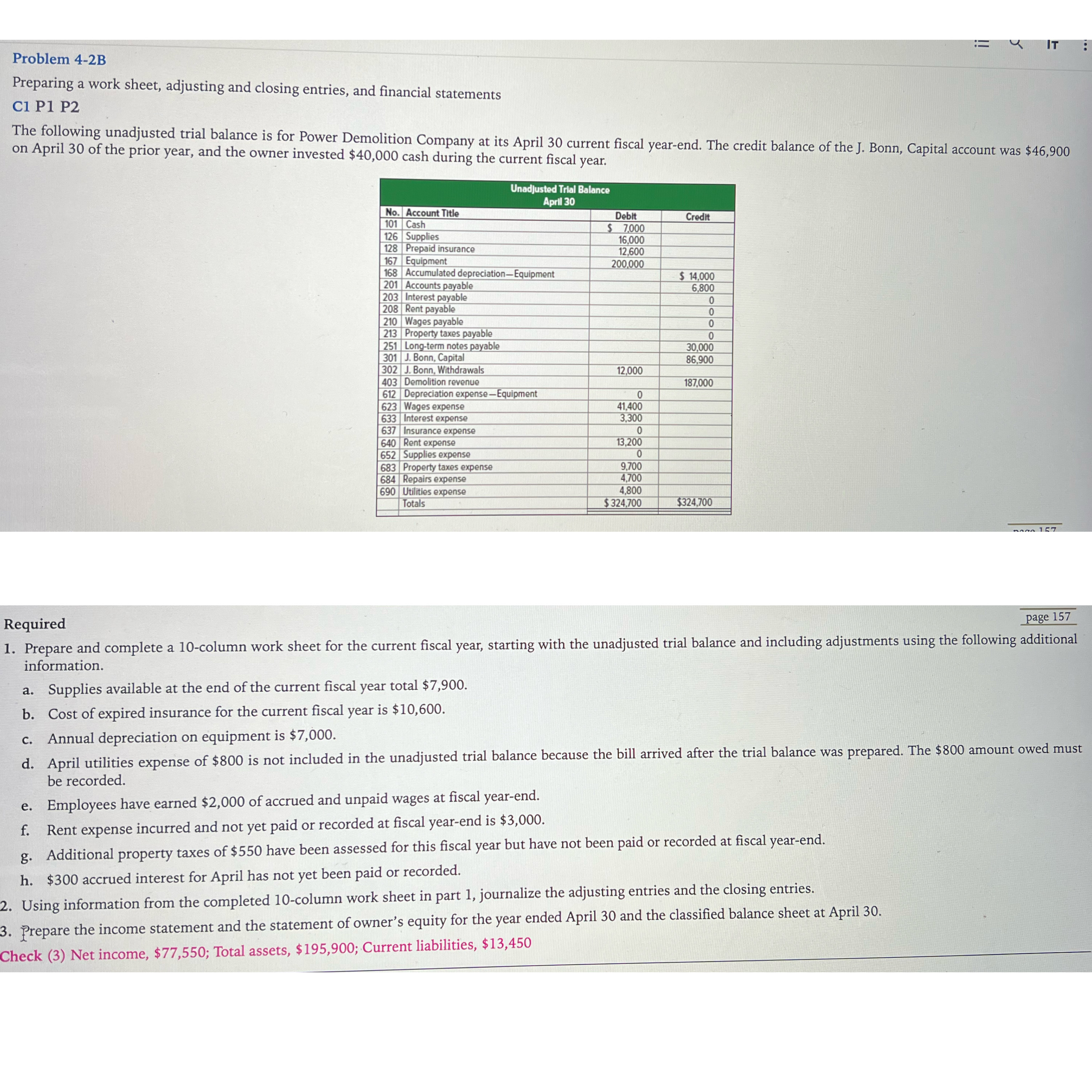  Prepare and complete a 10-column work sheet for the current fiscal