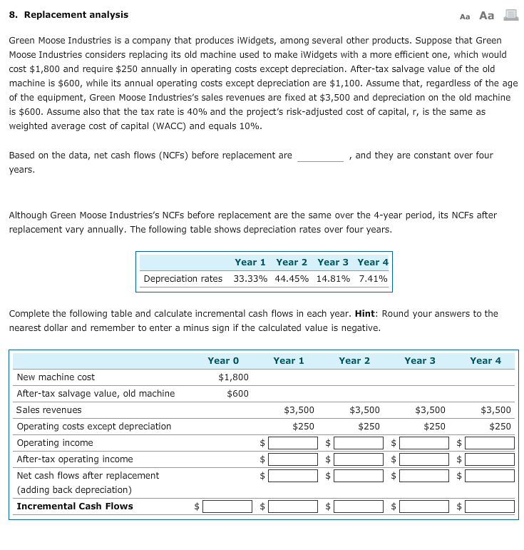  8. Replacement analysis Aa Aa Green Moose Industries is a company