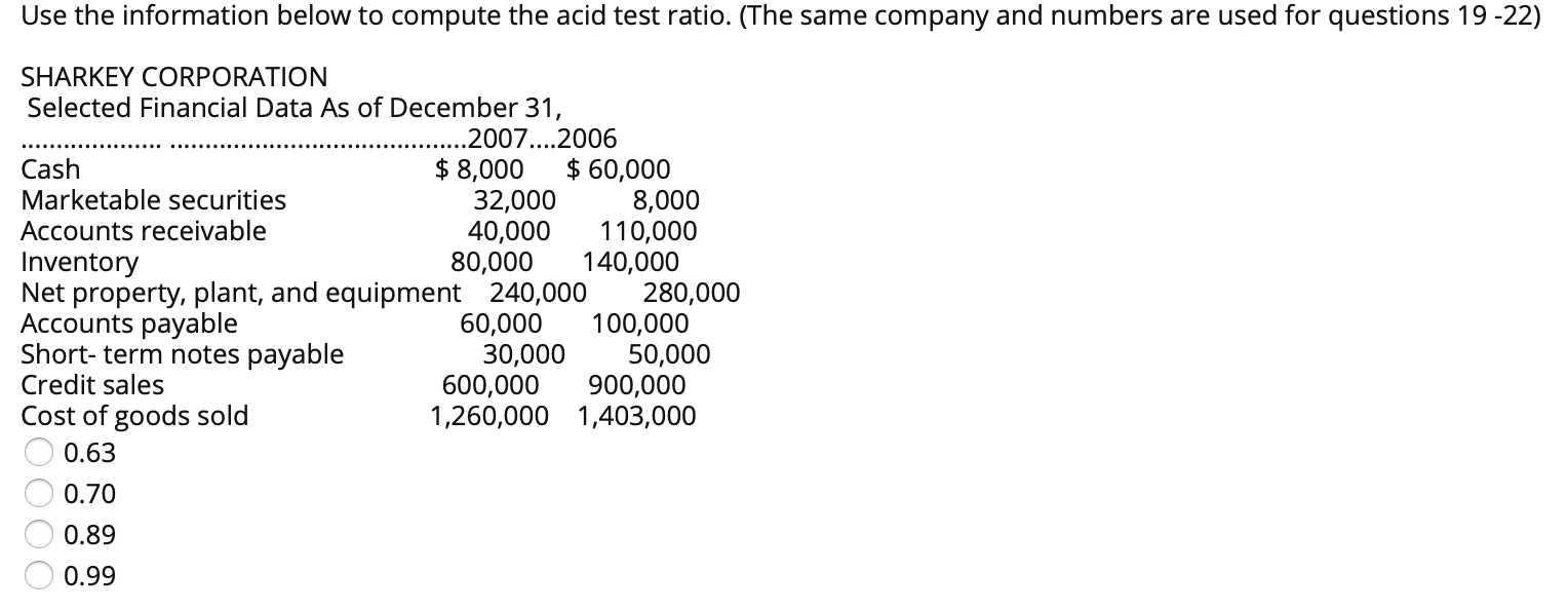  Use the information below to compute the acid test ratio. (The