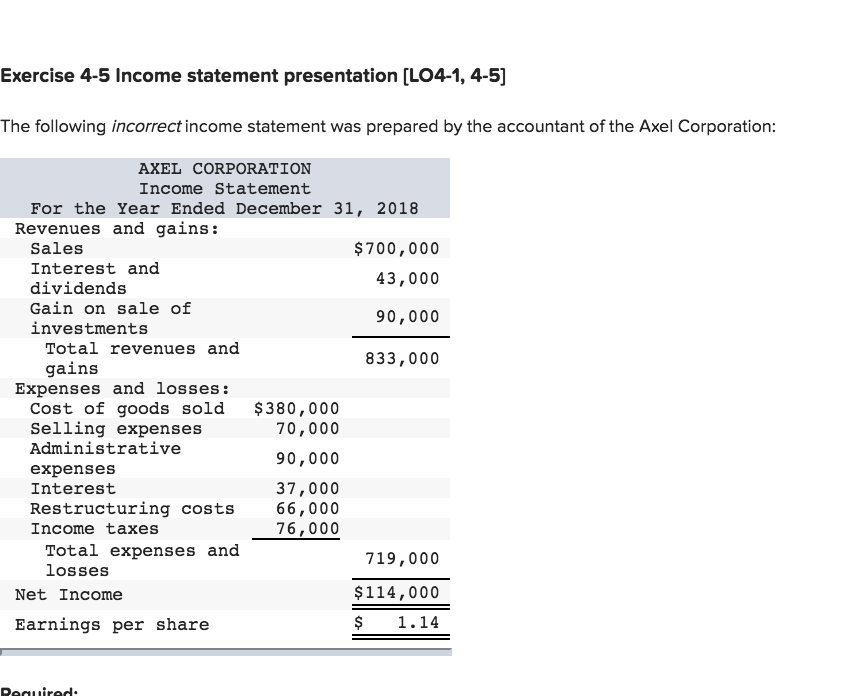  Exercise 4-5 Income statement presentation [LO4-1, 4-5] The following incorrect income