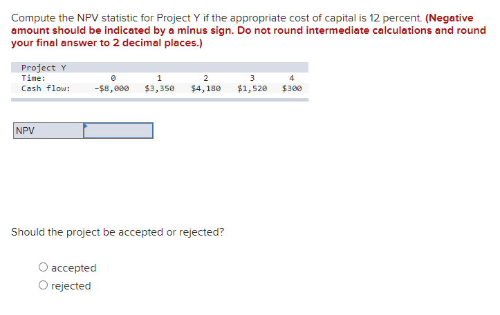 Compute the NPV statistic for Project Y if the appropriate cost of