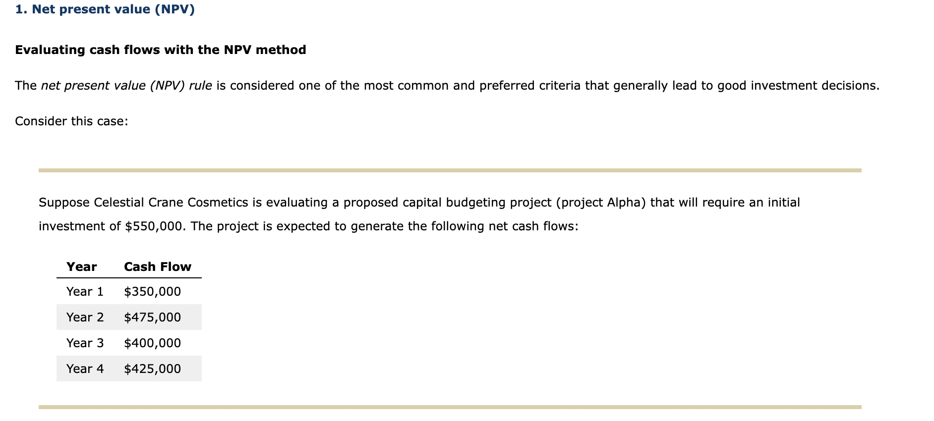 Evaluating cash flows with the NPV method The net present value
