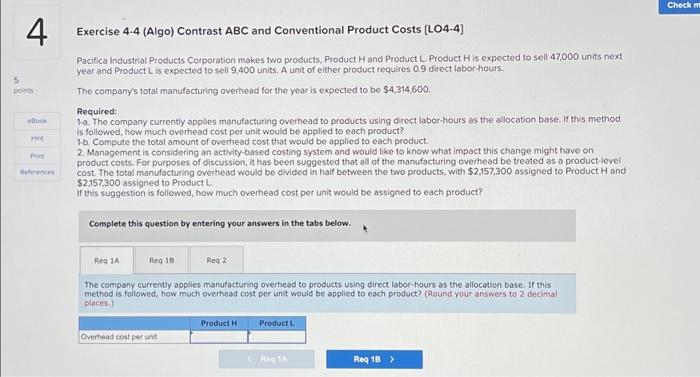  4 5 points eBook Hint Print References Exercise 4-4 (Algo) Contrast