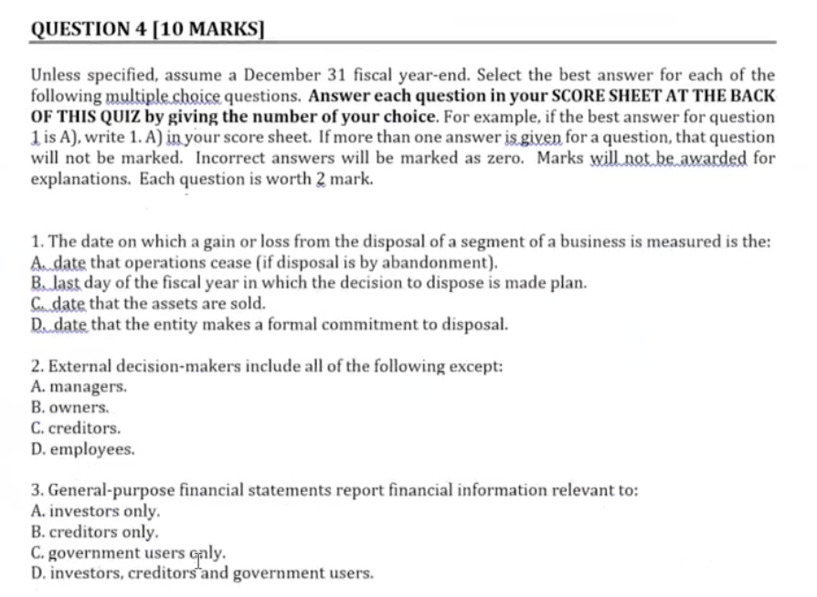  QUESTION 4 [10 MARKS] Unless specified, assume a December 31 fiscal