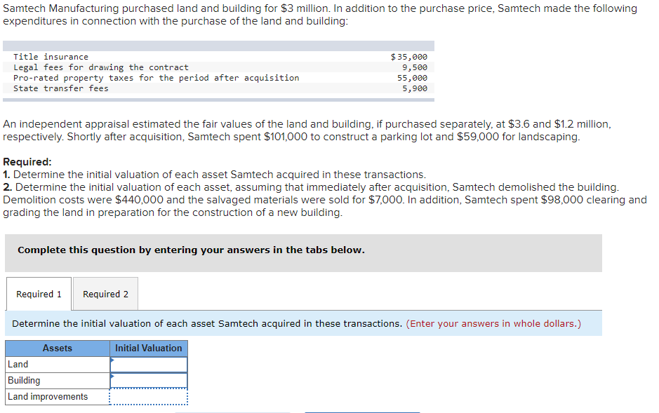  Only need required 1 completed Samtech Manufacturing purchased land and building