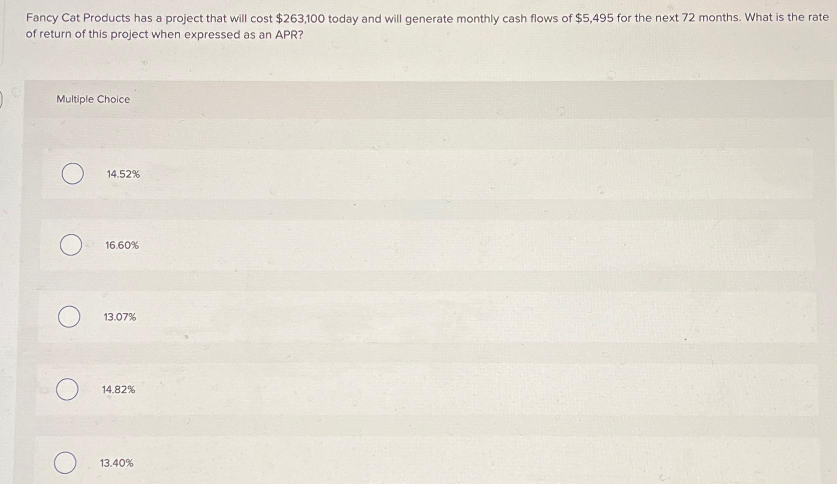  Fancy Cat Products has a project that will cost $263,100 today