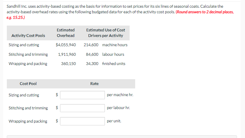  Sandhill Inc. uses activity-based costing as the basis for information to