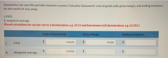 Glassworks Ltd.'s inventory transactions during the month of July. Units Cost/Unit Amount
