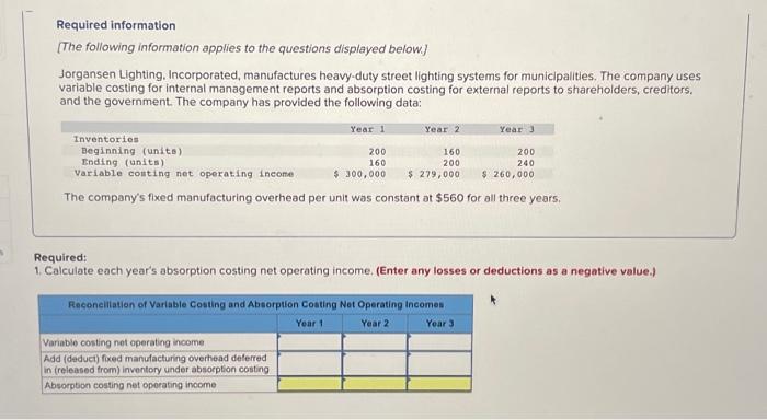 information applies to the questions displayed below.] Jorgansen Lighting, Incorporated, manufactures heavy-duty