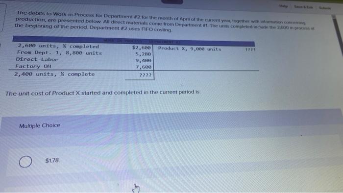  The debts to Work in Process for Department 2 for the