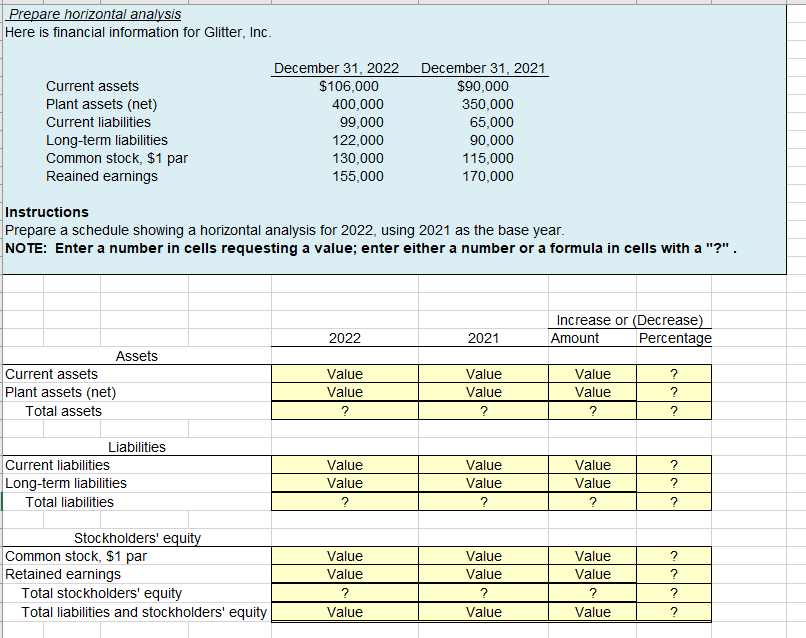 Prepare horizontal analysis Here is financial information for Glitter, Inc. Instructions