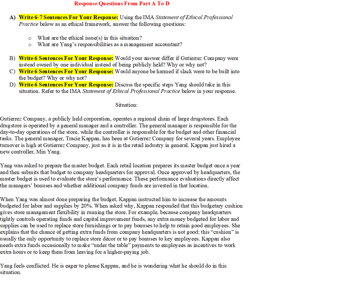 Response Questions From Part A TOD A) Write 6-7 Sentences For