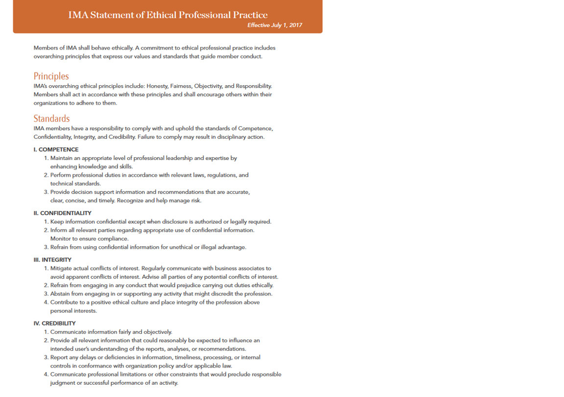 Your Response: Using the IMA Statement of Ethical Professional Practice below as