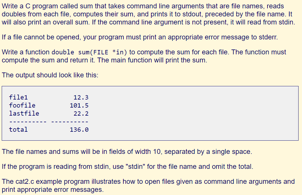 cat 2 example: Write a C program called sum that takes command