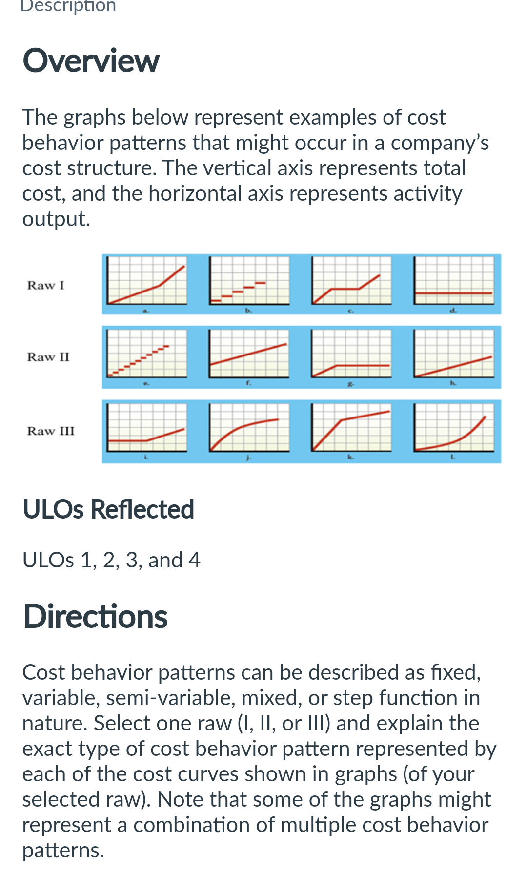  The graphs below represent examples of cost behavior patterns that might