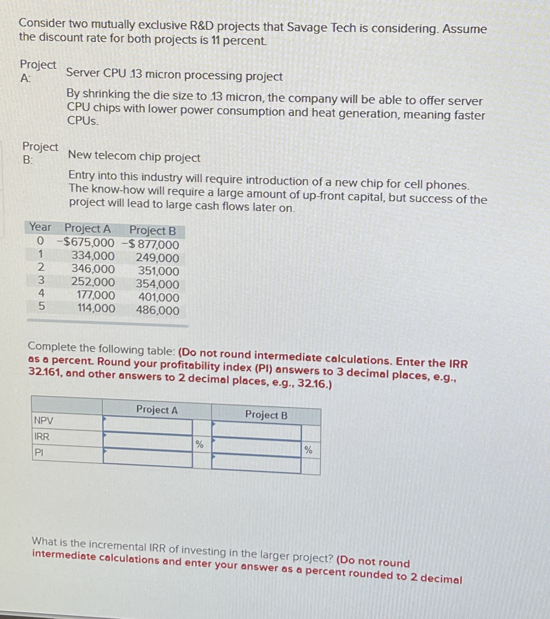  Consider two mutually exclusive R&D projects that Savage Tech is considering.