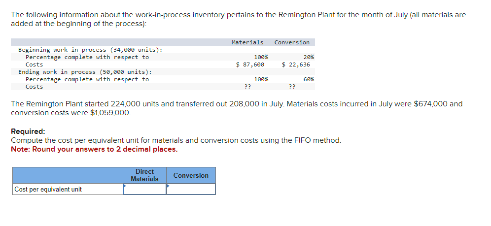  The following information about the work-in-process inventory pertains to the Remington