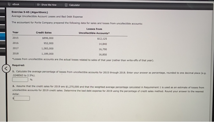  eBock Show Me How Calculator Exercise 5-65 (Algorithmic) Average Uncollectible Account