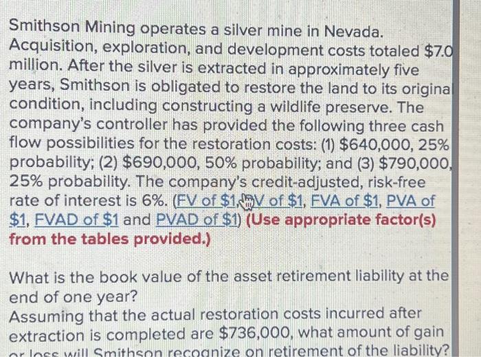  Smithson Mining operates a silver mine in Nevada. Acquisition, exploration, and