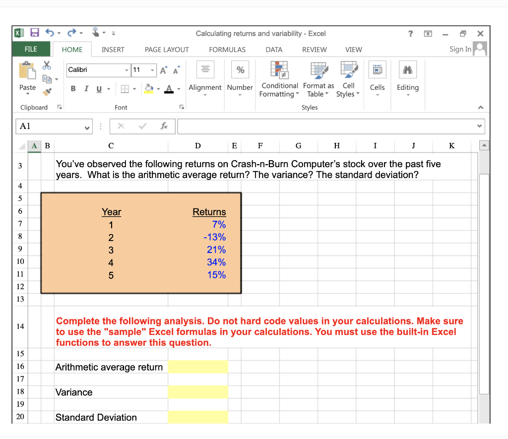 x 5. Calculating returns and variability - Excel ? - FILE