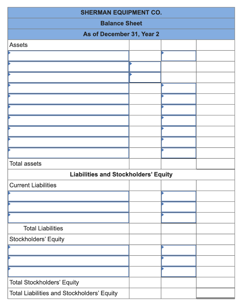 balance sheet for Sherman Equipment Co. for year 2. (Hint. Some of