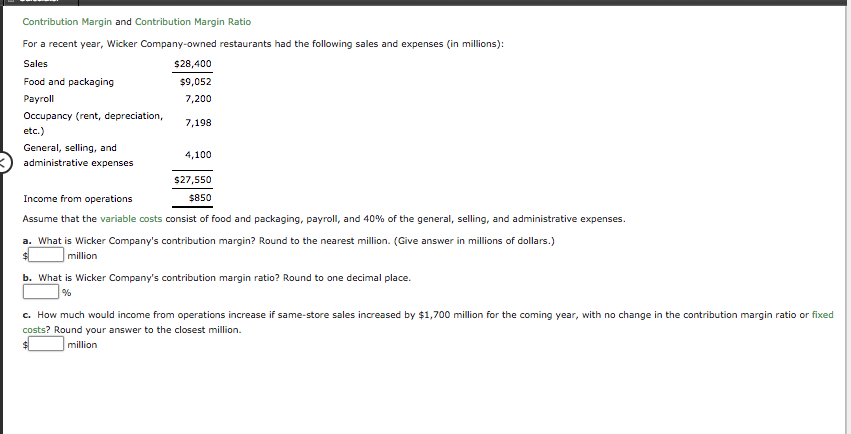 Contribution Margin and Contribution Margin Ratio For a recent year, Wicker
