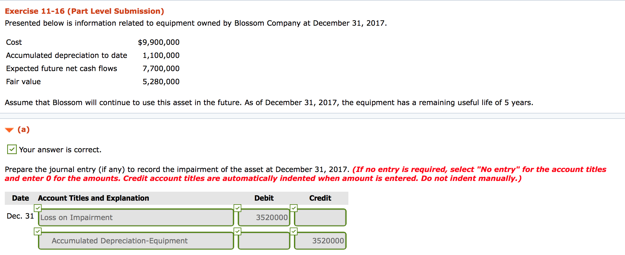 Exercise 11-16 (Part Level Submission) Presented below is information related to