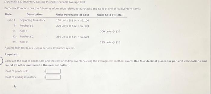  (Appendic 68) Inventory Costing Methods: Periodic Average Cost Bordeaux Company has
