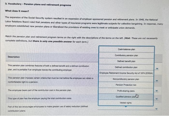  3. Vocabulary - Pension plans and retirement programs What does it