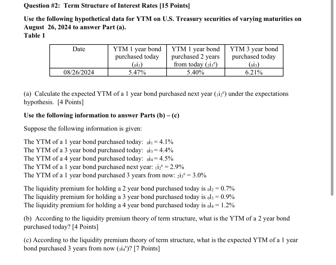  Question #2: Term Structure of Interest Rates [15 Points] Use the