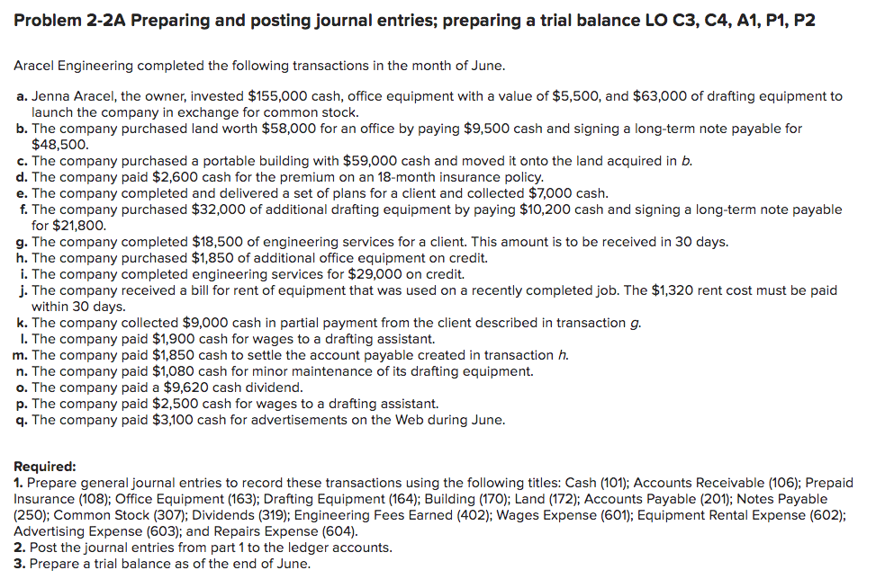  Problem 2-2A Preparing and posting journal entries; preparing a trial balance