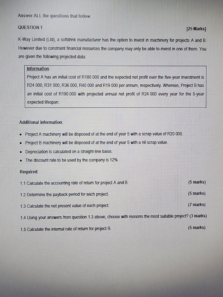  Answer ALL the questions that follow. QUESTION 1 [25 Marks] K-Way