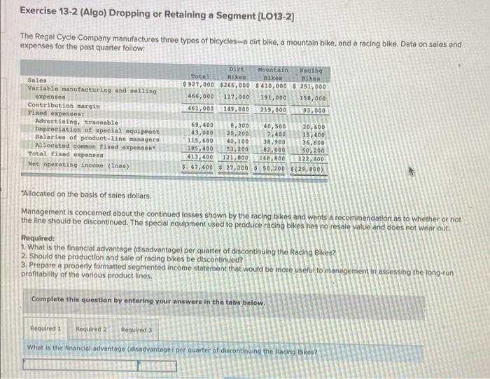  Exercise 13-2 (Algo) Dropping or Retaining a Segment (LO13-2] The Regal