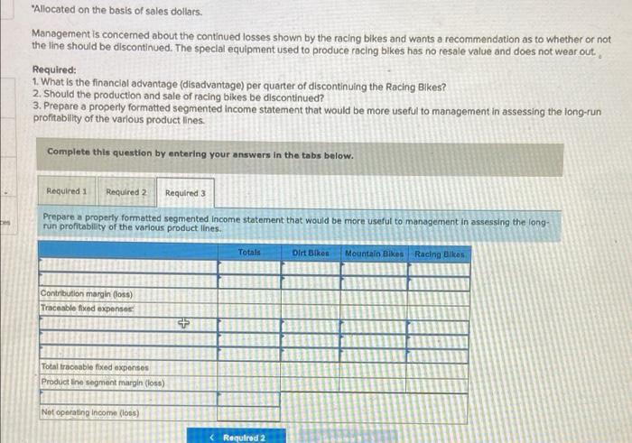bike, and a racing bike. Data on sales and expenses for the