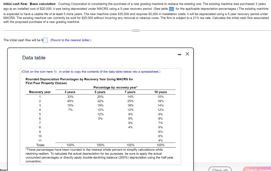  Initial cash flow: Basic calculation Cushing Corporation is considering the purchase