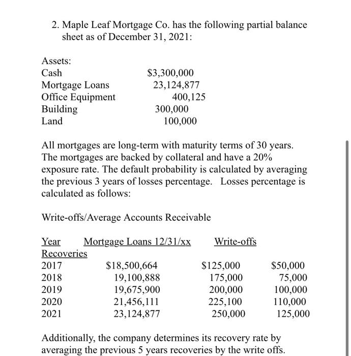  2. Maple Leaf Mortgage Co. has the following partial balance sheet