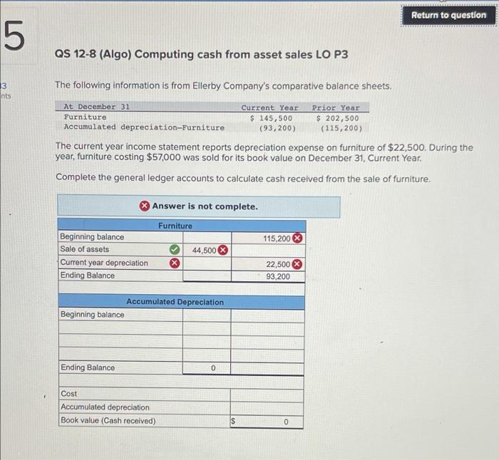 help pls Return to question 5 QS 12-8 (Algo) Computing cash from