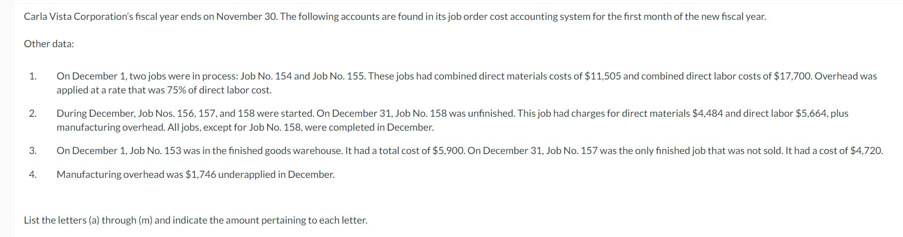  List the letters (a) through (m) and indicate the amount pertaining