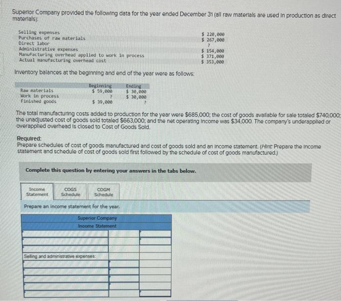  Please complete the Income statement, COGS schedule, and COGM schedule Superior